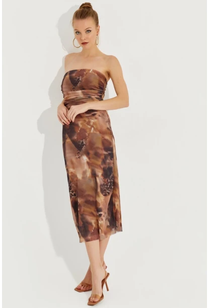 Kadın Kahverengi Straplez Midi Tül Elbise YEL221309