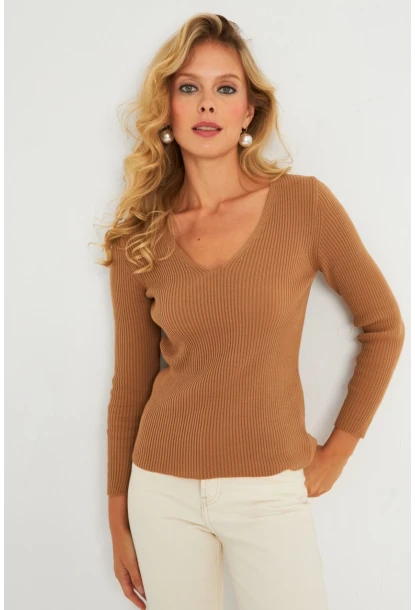 Kadın Kahverengi V Yaka Triko Bluz YV284