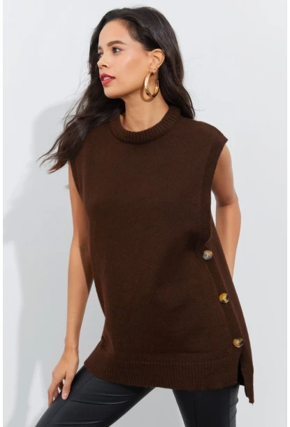 Kadın Kahverengi Yanları Düğmeli Kolsuz Triko Tunik YV75