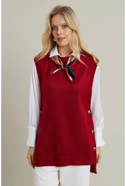 Kadın Kiremit Yanları Düğmeli Kolsuz Triko Tunik YV75