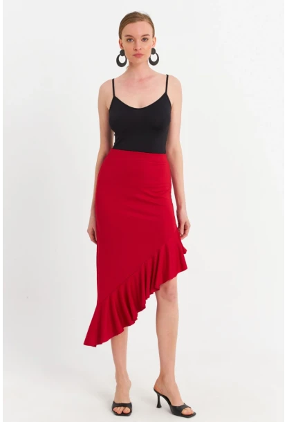Kadın Kırmızı Asimetrik Pileli Etek EV741