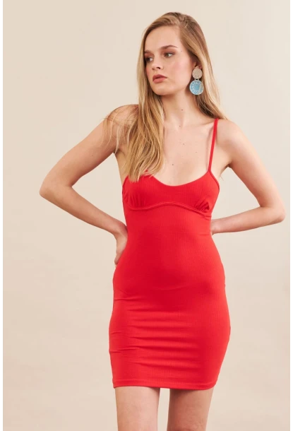 Kadın Kırmızı Askılı Mini Elbise SAN105