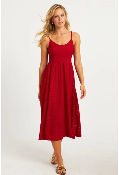 Kadın Kırmızı Astarlı Brode Midi Elbise TW70102-90