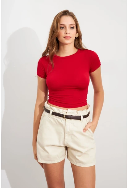 Kadın Kırmızı Basic Kısa Kollu Bluz UG2444