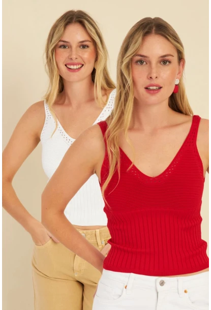 Kadın Kırmızı-Beyaz İkili V Yaka Triko Bluz SMT227