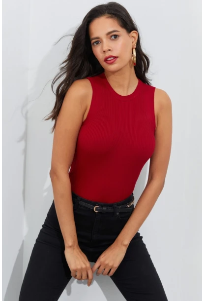 Kadın Kırmızı Bisiklet Yaka Triko Bluz YV91