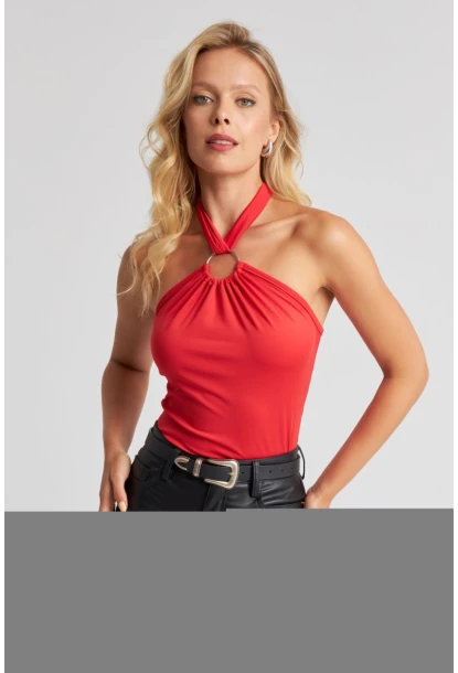 Kadın Kırmızı Boyun Bağlamalı Halkalı Crop Bluz EY2674