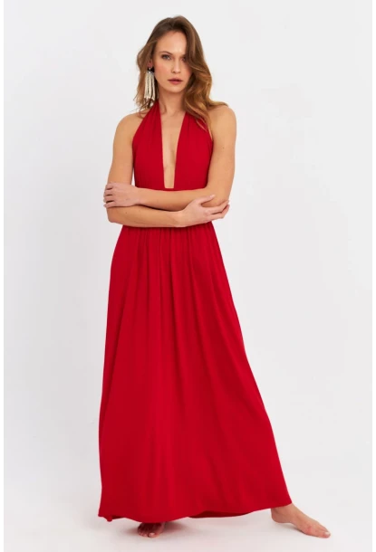 Kadın Kırmızı Boyun Bağlamalı Maxi Elbise EY3075