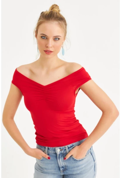 Kadın Kırmızı Büzgülü Bluz EY3083