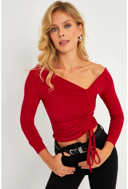 Kadın Kırmızı Büzgülü Bluz GÇ188