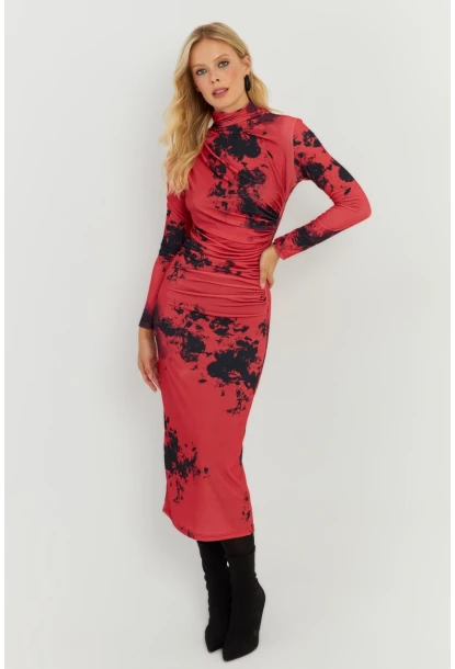 Kadın Kırmızı Büzgülü Desenli Midi Elbise MON118