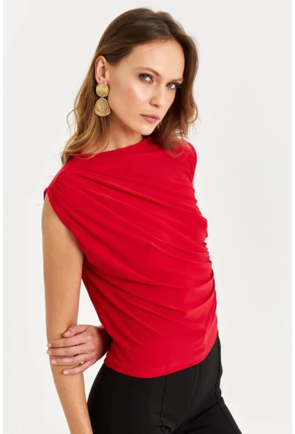 Kadın Kırmızı Büzgülü Kolsuz Bluz LPP1205-90