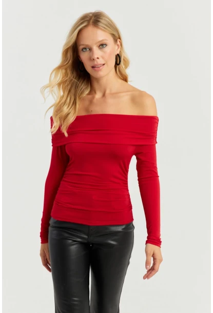 Kadın Kırmızı Büzgülü Madonna Bluz MON1119