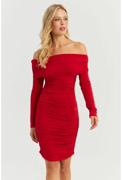 Kadın Kırmızı Büzgülü Madonna Mini Elbise MON1118