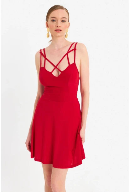 Kadın Kırmızı Çapraz Askılı Mini Elbise ELT182