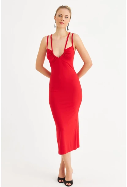 Kadın Kırmızı Çift Askılı V Yaka Midi Elbise EY3087