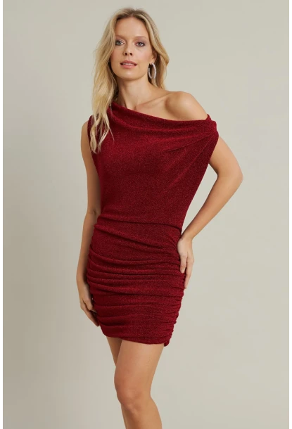 Kadın Kırmızı Degaje Yaka Büzgülü Mini Elbise YEL96