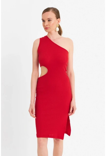 Kadın Kırmızı Dekolteli Kaşkorse Midi Elbise OR2460