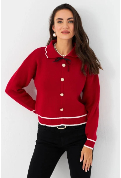 Kadın Kırmızı Düğme Aksesuarlı Kazak MCNG802