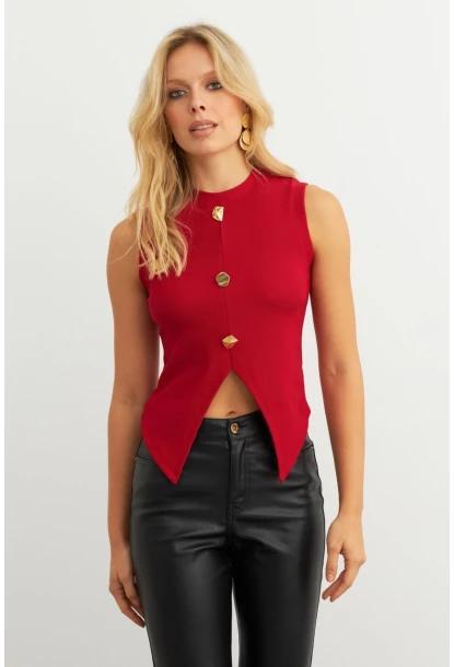 Kadın Kırmızı Düğme Detaylı Bluz RLO145