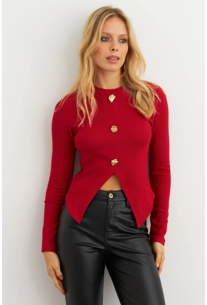 Kadın Kırmızı Düğme Detaylı Bluz RLO83