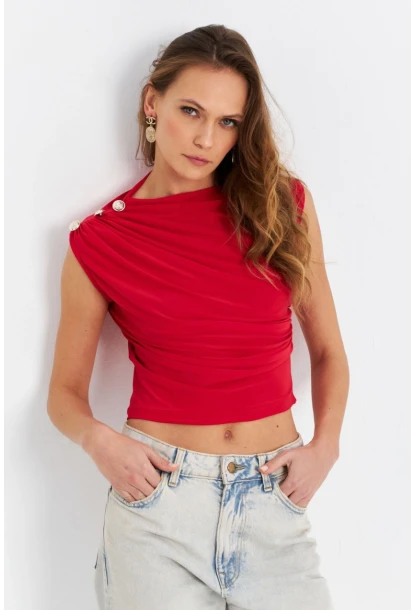 Kadın Kırmızı Düğme Detaylı Büzgülü Bluz LPP1205-1