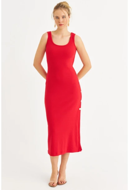 Kadın Kırmızı Düğme Detaylı Kaşkorse Midi Elbise EY2837