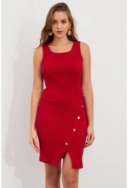 Kadın Kırmızı Düğme Detaylı Midi Elbise URO1111