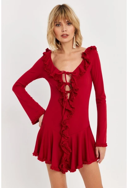 Kadın Kırmızı Fırfırlı Mini Elbise DCF121