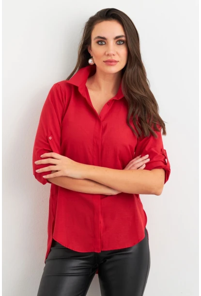 Kadın Kırmızı Gizli Düğmeli Uzun Gömlek SF2001