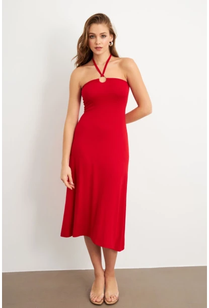 Kadın Kırmızı Halka Detaylı Midi Elbise EY3089
