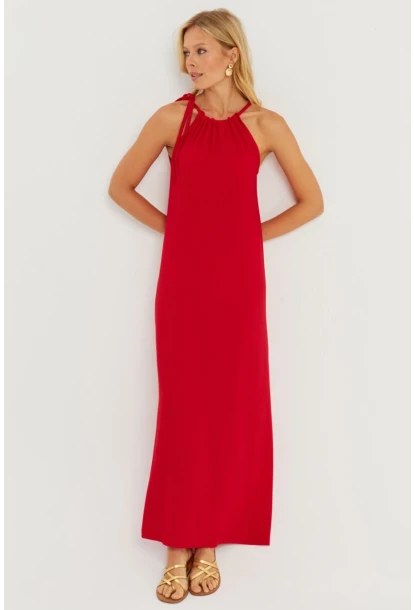Kadın Kırmızı Halter Yaka Bürümcük Midi Elbise EY2788