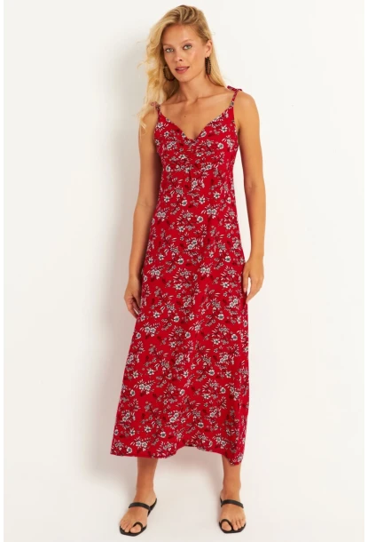 Kadın Kırmızı İp Askılı Çiçekli Midi Elbise GÇ172