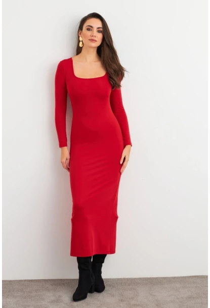 Kadın Kırmızı Kare Yaka Midi Elbise XC8102