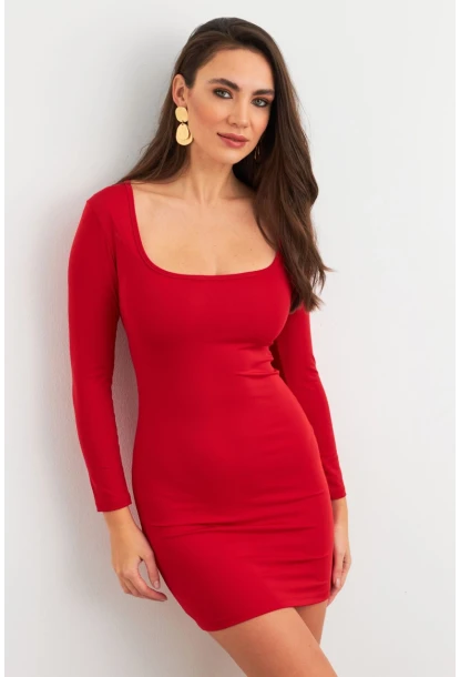 Kadın Kırmızı Kare Yaka Mini Elbise XC8100