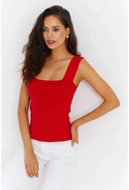 Kadın Kırmızı Kare Yaka Triko Bluz YV87