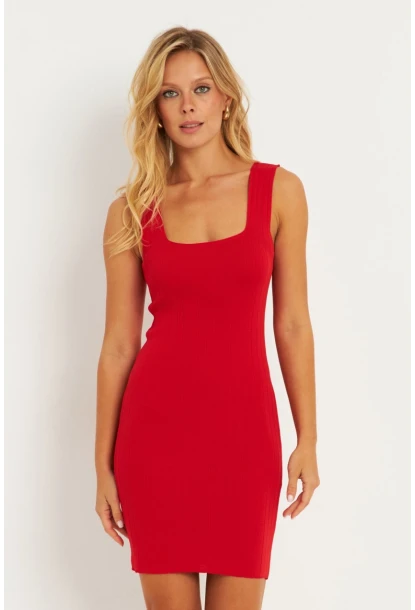 Kadın Kırmızı Kare Yaka Triko Mini Elbise YV225
