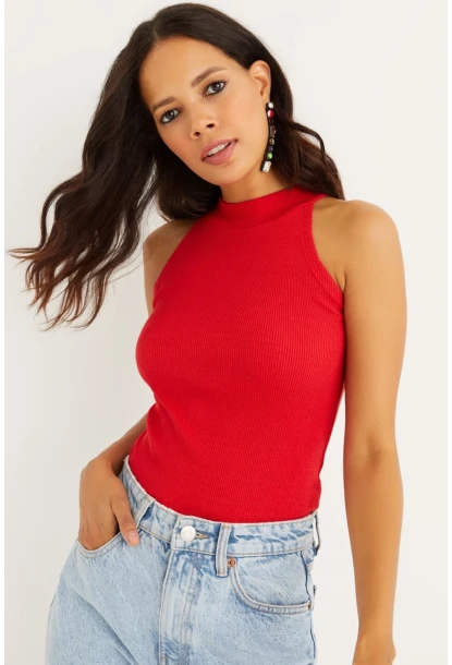 Kadın Kırmızı Kaşkorse Kolsuz Bluz Yİ1566
