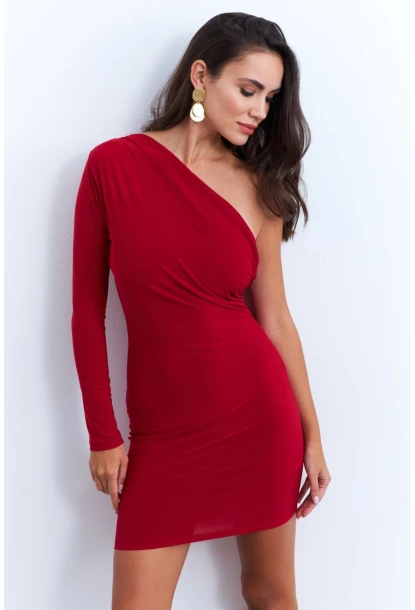 Kadın Kırmızı Kruvaze Tek Kol Mini Yılbaşı Elbise ELT4035