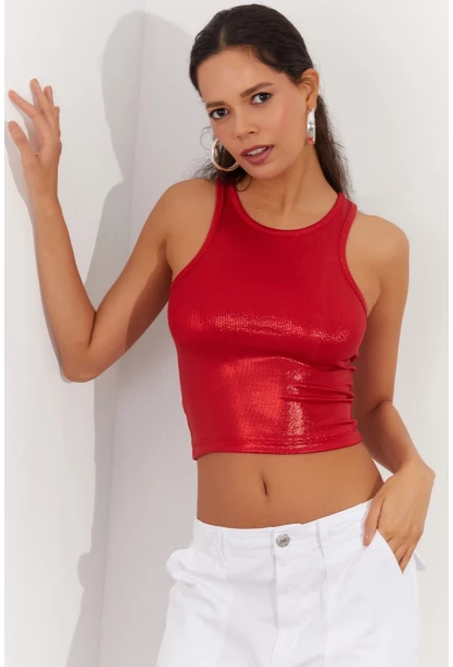 Kadın Kırmızı Metalik Crop Bluz LPP1218