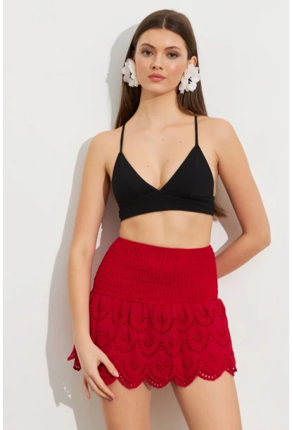 Kadın Kırmızı Nakışlı Mini Etek ZH111