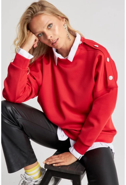 Kadın Kırmızı Omuz Taşlı Dalgıç Sweatshirt ST824