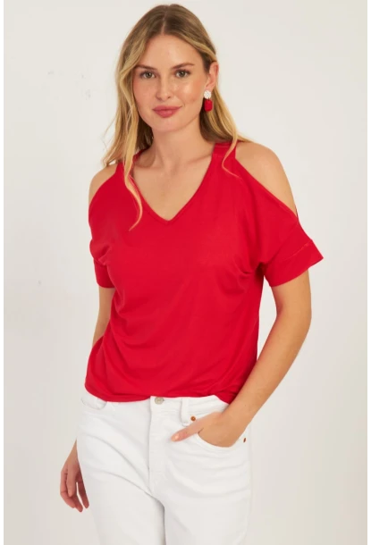 Kadın Kırmızı Omuzları Açık Bluz BR1329
