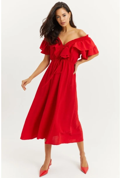 Kadın Kırmızı Ön Arka V Volanlı Elbise KS113