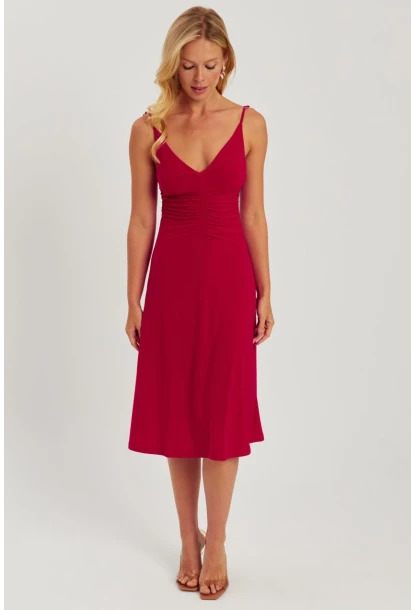 Kadın Kırmızı Önü Büzgülü Midi Elbise HO046