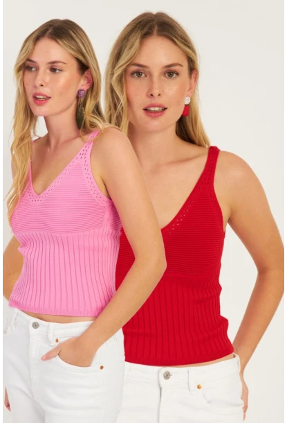 Kadın Kırmızı-Pembe İkili V Yaka Triko Bluz SMT227