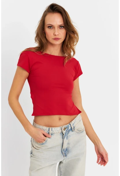 Kadın Kırmızı Sırtı Açık Crop Bluz ZH007