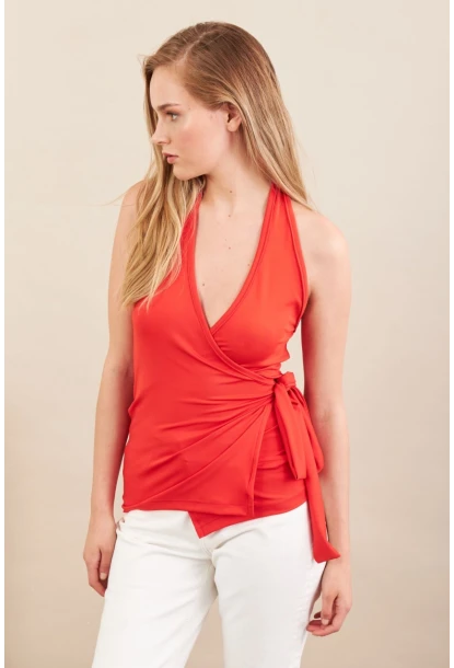 Kadın Kırmızı Sırtı Açık Kruvaze Bluz Ey3095