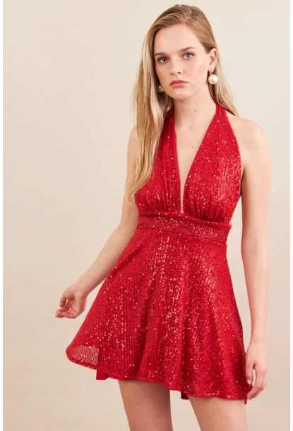 Kadın Kırmızı Sırtı Açık Payetli Astarlı Mini Elbise DCF046