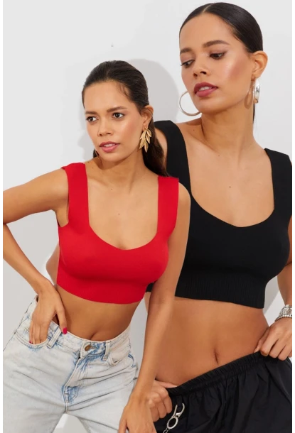 Kadın Kırmızı-Siyah İkili Triko Crop Atlet YV134
